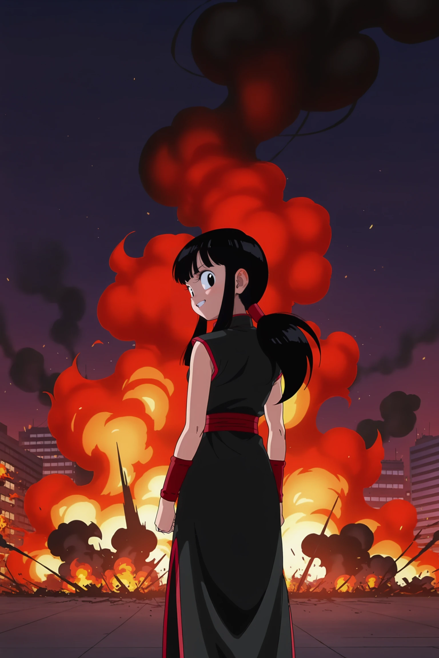 anime screencap, absurdres, high quality, official style,
chi-chi black, looking back, 1girl, solo, long hair, black hair, sidelocks, ponytail, black eyes, sleeveless dress, black dress, red trim, chinese clothes, china dress, red wristband, red sash, evil smile, v-shaped eyebrows, from behind, standing, flame, arms by side, burning building, destruction, night, red hue, smoke, 
 <lora:Chi_Chi_IL:0.8>