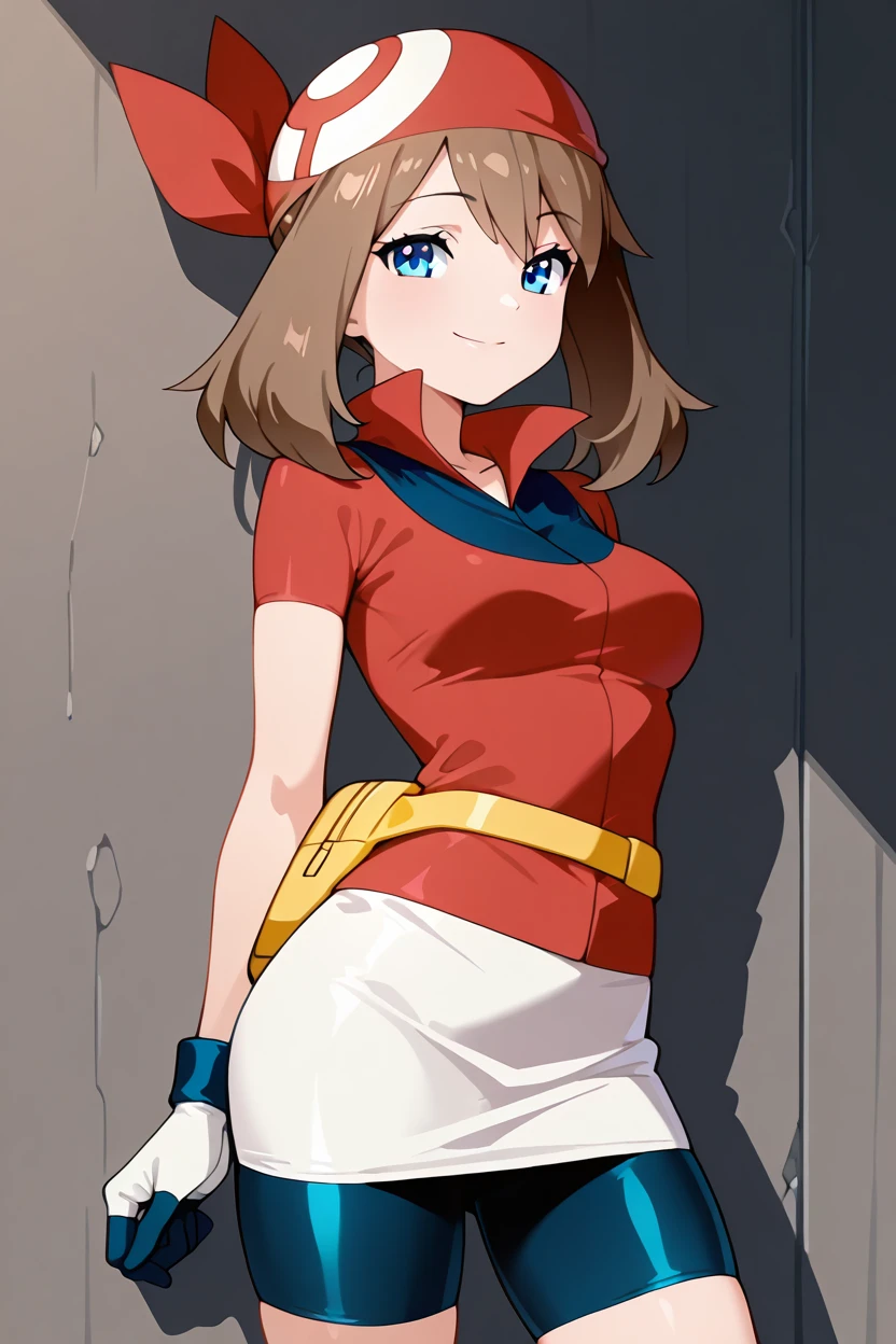 masterpiece, best quality, medium breasts,  BREAK,  zzMay, may (pokemon), solo, brown hair, blue eyes, medium hair, red shirt, bike shorts, red bandana, red shirt, gloves,  white miniskirt, yellow belt,  <lora:MayPokemonIXL_v2:1.0>, smile, looking at viewer, cowboy shot,   <lora:ShoujoRamuneIXL:1.0>,