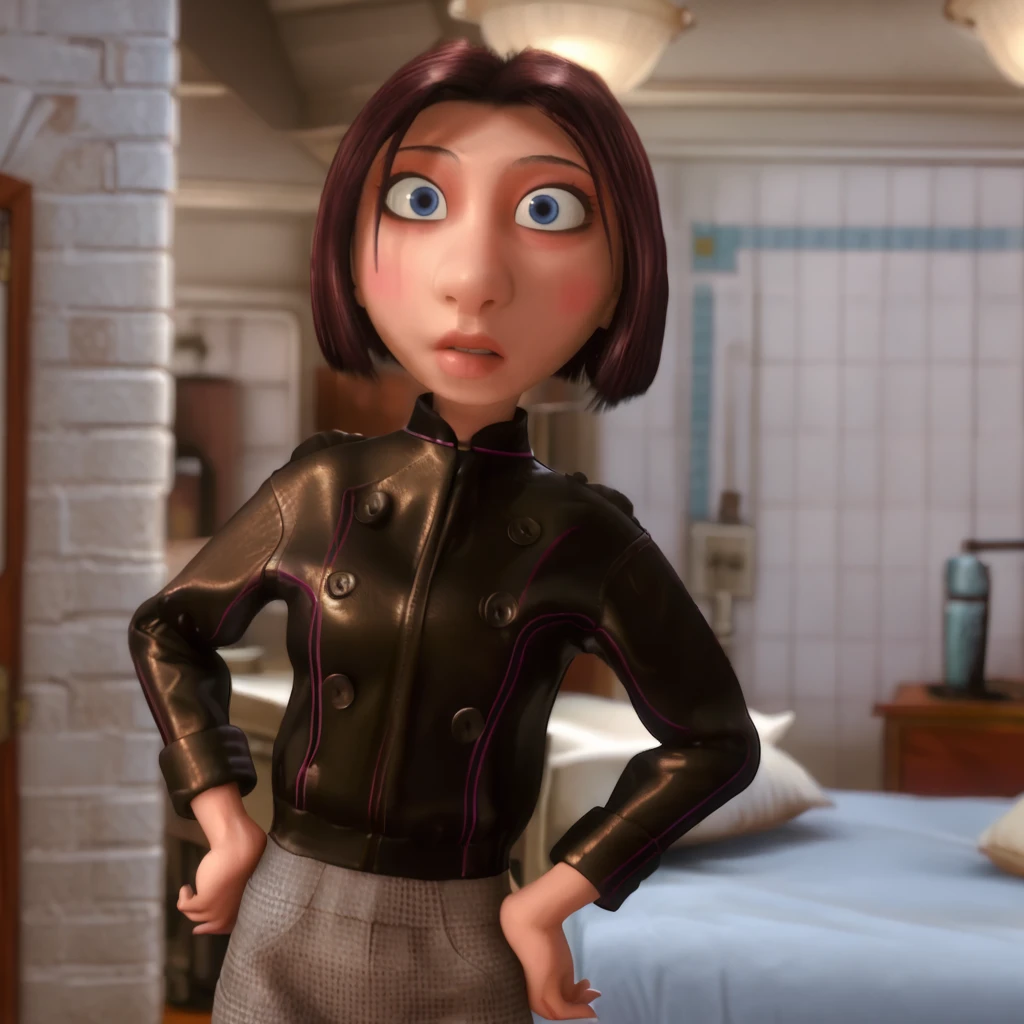 <lora:colette_pony_v1:1> ColetteJacket, 1girl, solo, short hair, skirt, brown hair, blue eyes, wide-eyed, black shirt, long sleeves, grey pants, bob cut, standing, bedroom, hands on hips, cowboy shot