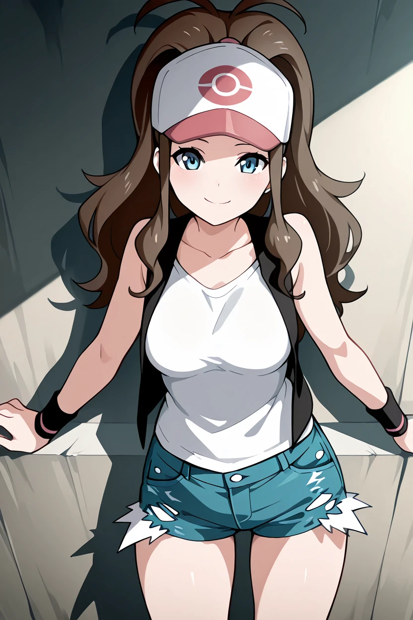 masterpiece, best quality, medium breasts,  BREAK, zzHilda, blue eyes, long hair, high ponytail, sidelocks, hat, collarbone, white shirt, black vest, sleeveless, wristband, short shorts, denim shorts, exposed pocket, <lora:HildaPokemonIXL_e08:1.0>, smile, looking at viewer, cowboy shot,   <lora:ShoujoRamuneIXL:1.0>,