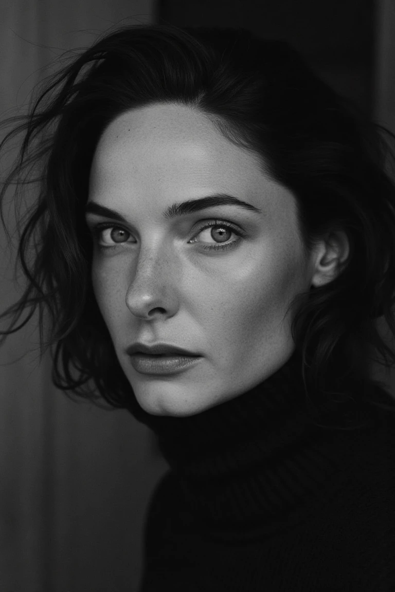 portrait inspired by Peter Lindbergh's photographic style, a woman looking directly into the camera with an intimate and deep expression.