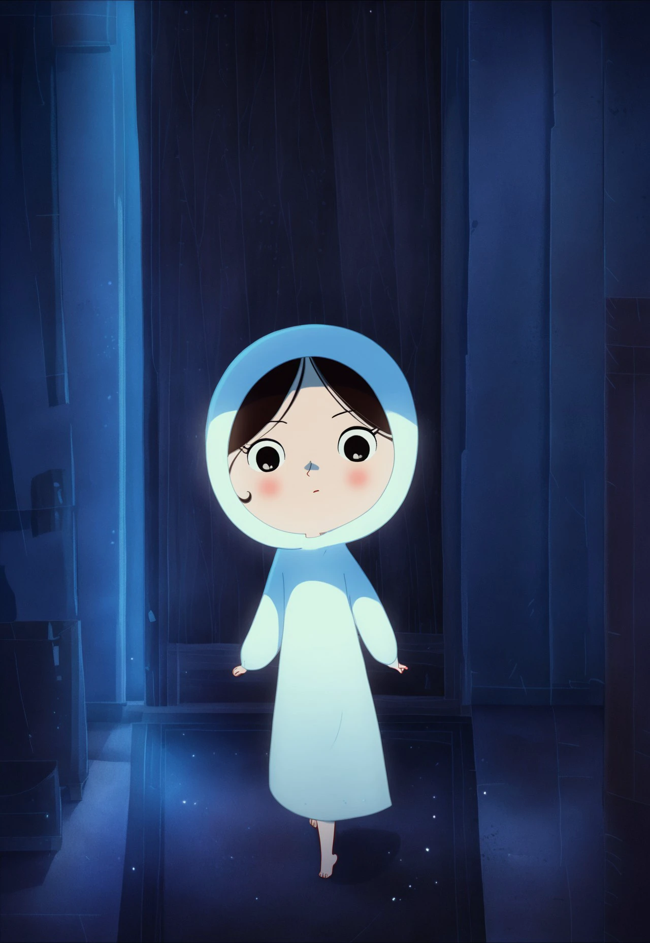 zPDXL3, source_cartoon, Perfect Hands, full body, 1girl, solo, saoirse, black hair, black eyes, blush, ghost, short hair, (hood down:1.3), hood off, barefoot, dynamic angle, indoors, empty hallway, glowing, magical, walking towards you, (detailed backbround:1.3)