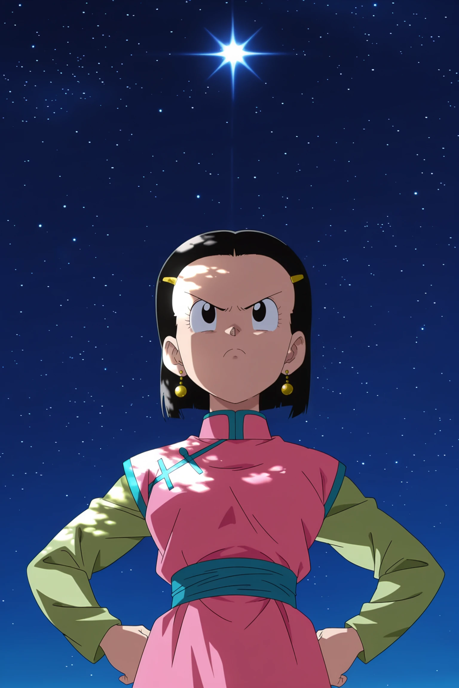 anime screencap, absurdres, high quality, official style,
chi-chi, gt, official style, 1girl, solo, chinese clothes, looking at another, short hair, outdoors, night sky, black hair, hair ornament, long sleeves, green sleeves, star \(sky\), pink dress, blue sash, standing, upper body, earrings, black eyes, from below, hands on hips, v-shaped eyebrows, frown, dappled moonlight, 
 <lora:Chi_Chi_IL:0.8>