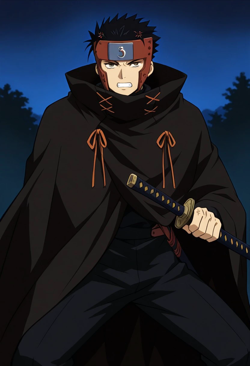 masterpiece, best quality, 
kurogane, 1boy, male focus, solo, brown eyes, black hair, short hair, spiked hair, forehead protector, headband, cloak, black cloak, high collar, teeth, anger vein, parody, katana, black pants, fight stance
outdoor, night,