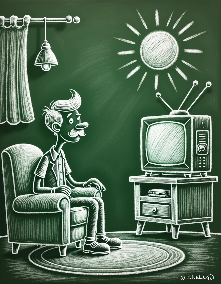 ch4lkb04rd A chalk drawing of a man sitting on a sofa and watching TV
 <lora:chalkboard:0.7>