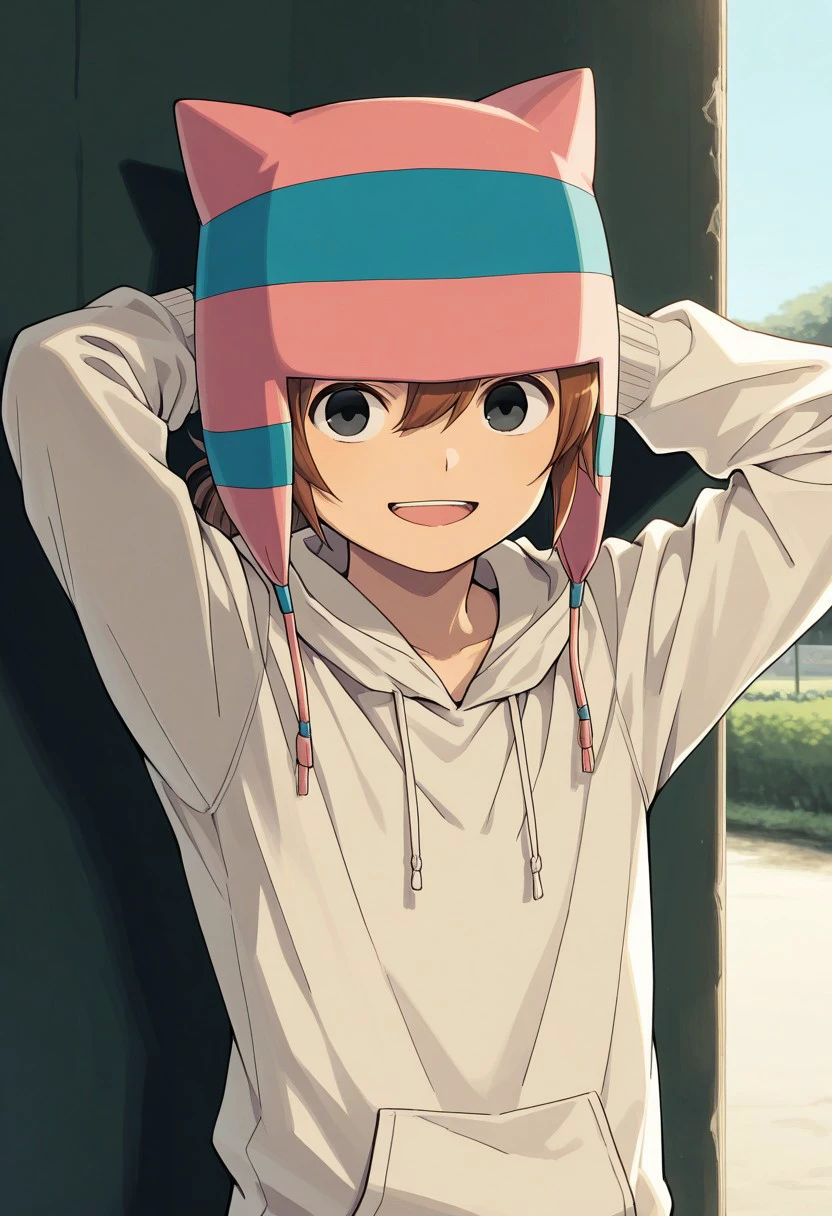 masterpiece, best quality, 
matsuno,1boy, male focis, solo, brown hair, ponytail, black eyes, hat, animal hat, hoodie, hood, hands behind head, smile, open mouth,
outdoor,