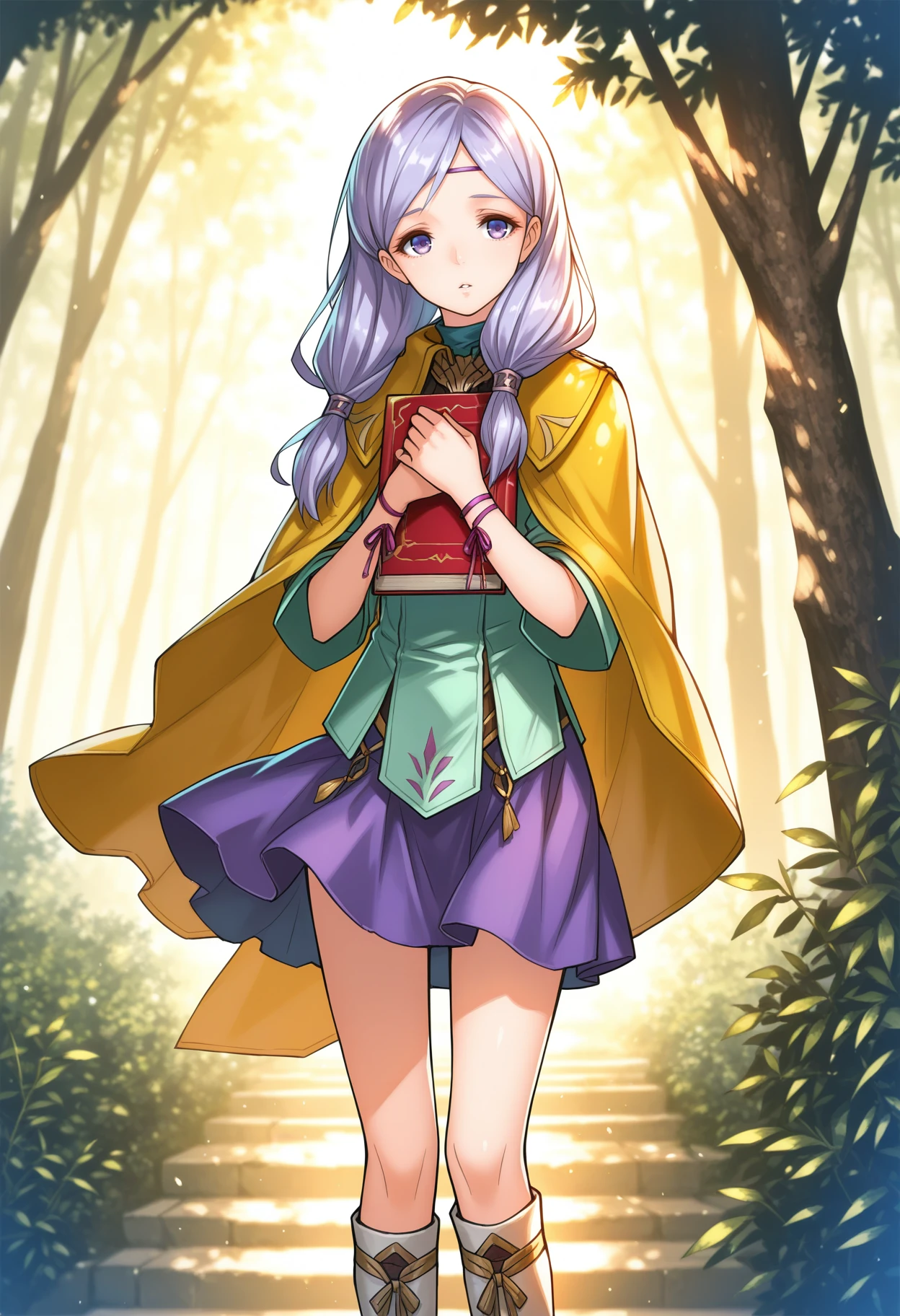 1girl, lavender hair, <lora:IlyanaIL:1> ilyanaRD.
an illustration of a girl holding a book with both hands. she is standing. she is outdoors. the illustration is inspired by saitou masatsugu.
lavender hair, lavender eyes, brown ciclet, light green blouse, yellow capelet, arm ribbon, lavender skirt, white and pink knee boots,
holding book, parted lips, 
masterpiece, perfect quality, best quality, absolutely eye-catching, saitou masatsugu