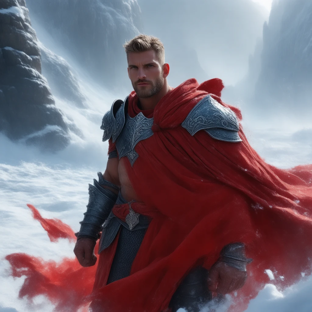 fantasy style, smooth CGI animation, masculine male brutal warrior , (head and upperbody shot portrait looking at viewer:1.3), in masculine fully-clothed hero adventurer armor for man, muscular, broad shoulders, , impiasto, red dynamic multilayered cape flowing in rage, illustration art, D&D, RPG, his manly vestiments flow, impressive, dynamic, alive, vivid, scenery,  eerie snow shore, tidal waves, turmoil, total blood atmosphere, dark fantasy