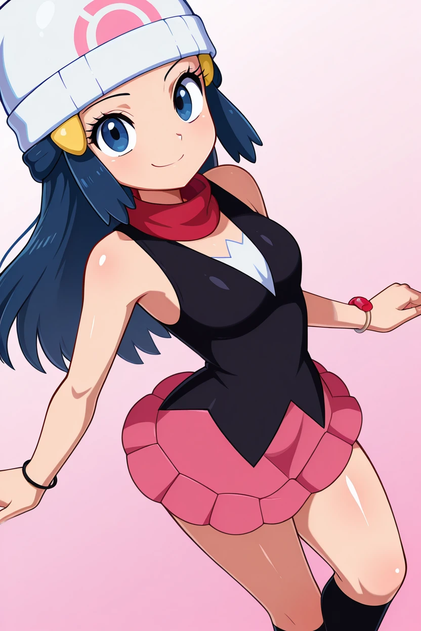 masterpiece, best quality, zzDawn, blue hair, blue eyes, sidelocks, long hair, bare shoulders, beanie, black shirt, black socks, bracelet, hat, jewelry, kneehighs, miniskirt, pink skirt, red scarf, scarf, shirt, skirt, sleeveless, sleeveless shirt, white headwear,  <lora:DawnPokemonIXL_e07:1.0>   <lora:LandidzuStyleIXL:1.0>,from above, dynamic pose, cowboy shot, smile, looking at viewer, shiny skin,