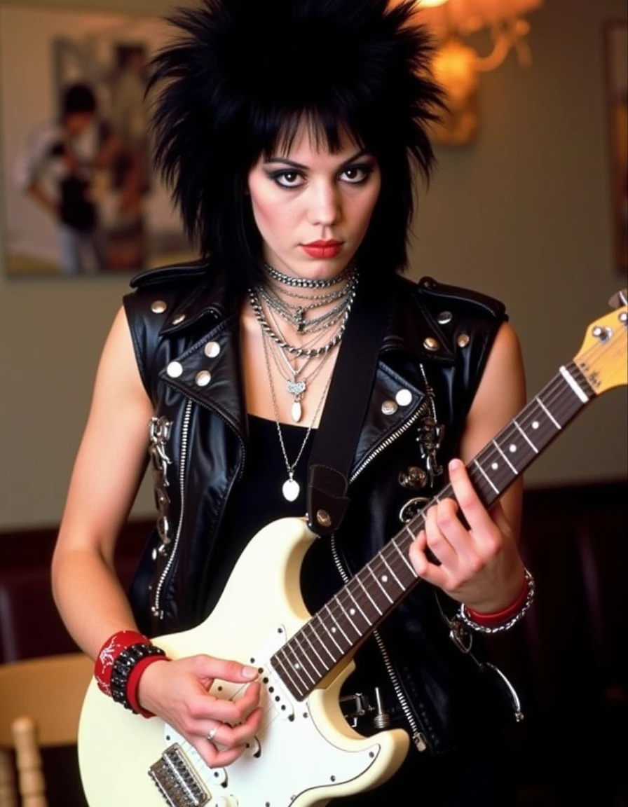 <lora:Joan_Jett_1980s_Flux:1> This is a photograph of a young woman with short, spiky black hair and pale skin, wearing a sleeveless black leather jacket adorned with studs and chains. The jacket has a glossy texture, reflecting light. The woman is playing a white electric guitar, with her left hand positioned on the fretboard and her right hand near the bridge. She wears a red and black wristband on her left wrist, adding a touch of color to his otherwise dark ensemble. Around her neck, she has multiple silver chains and a pendant, contributing to a rebellious, punk aesthetic.  The guitar has a classic design with a white body and black hardware, including the bridge and tuning pegs. The overall style of the image is reminiscent of the 1980s punk rock scene, with a gritty, edgy feel. Standing in a Cafe