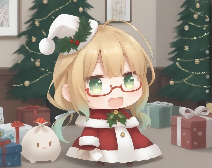 blonde,green eyes,  <lora:Padoru:1>,padoru,left, <lora:hachi.pony:1>,hachi,chibi,room,gradient hair,,semi-rimless eyewear, Christmas tree,gift bag,bb,open mouth,