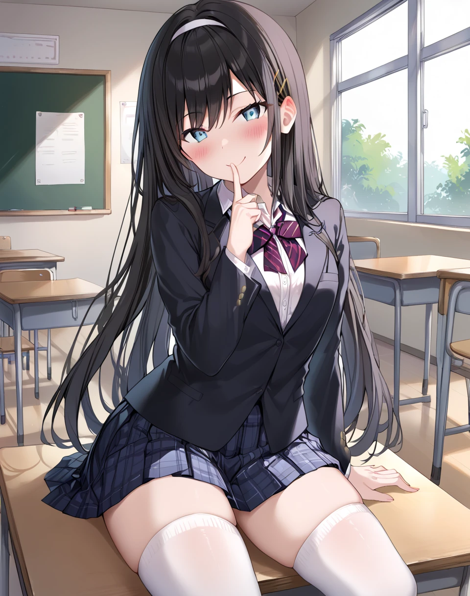 hikari_tachibana, black hair, long hair, aqua eyes, small breasts,  hair accesories, tighhighs school uniform, collared white shirt, black blazer, white sleeves, plaid skirt, pleated skirt, miniskirt, black skirt, black stipped ribbon, white hairband  BREAK indoors, classroom, BREAK sitted on desk, finger near mouth, smile, blush, looking at viewer, BREAK score_9, score_8_up, score_7_up, source_anime ,zPDXL, <lora:Hikari_Tachibana:0.8>