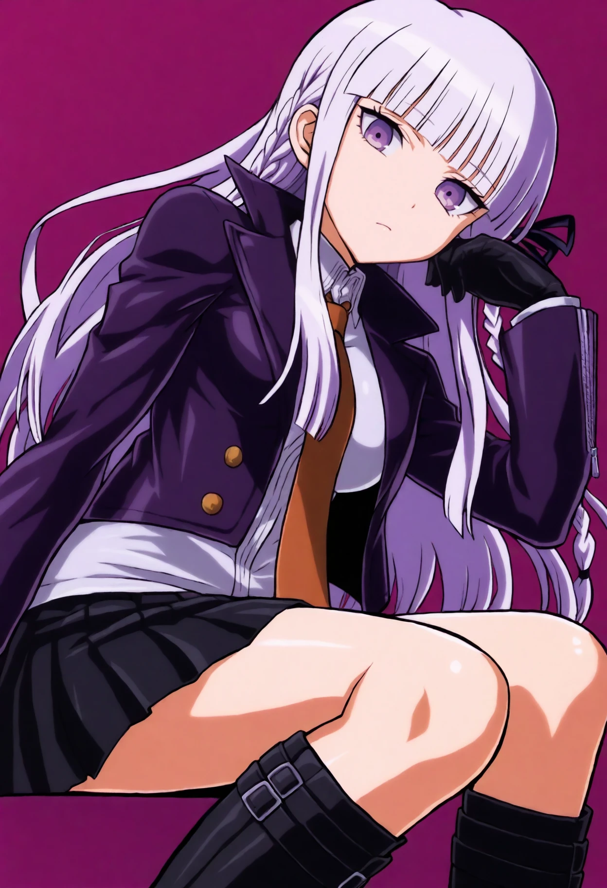 <lora:RadioheadIll_BMC-000009:1>
(perfect quality, best quality, absolutely eye-catching, masterpiece, absurdres, newest), BREAK
1girl, kirigiri kyouko, solo, long hair, skirt, necktie, bangs, shirt, jacket, ribbon, hair ribbon, gloves, boots, black gloves, knee boots, black skirt, purple eyes, collared shirt, open clothes, long sleeves, braid, sitting, open jacket, black ribbon, black footwear, black jacket, pleated skirt, white shirt, side braid, looking at viewer, grey shirt, hand up, closed mouth, shiny, brown necktie, miniskirt, blunt bangs, breasts, shiny hair