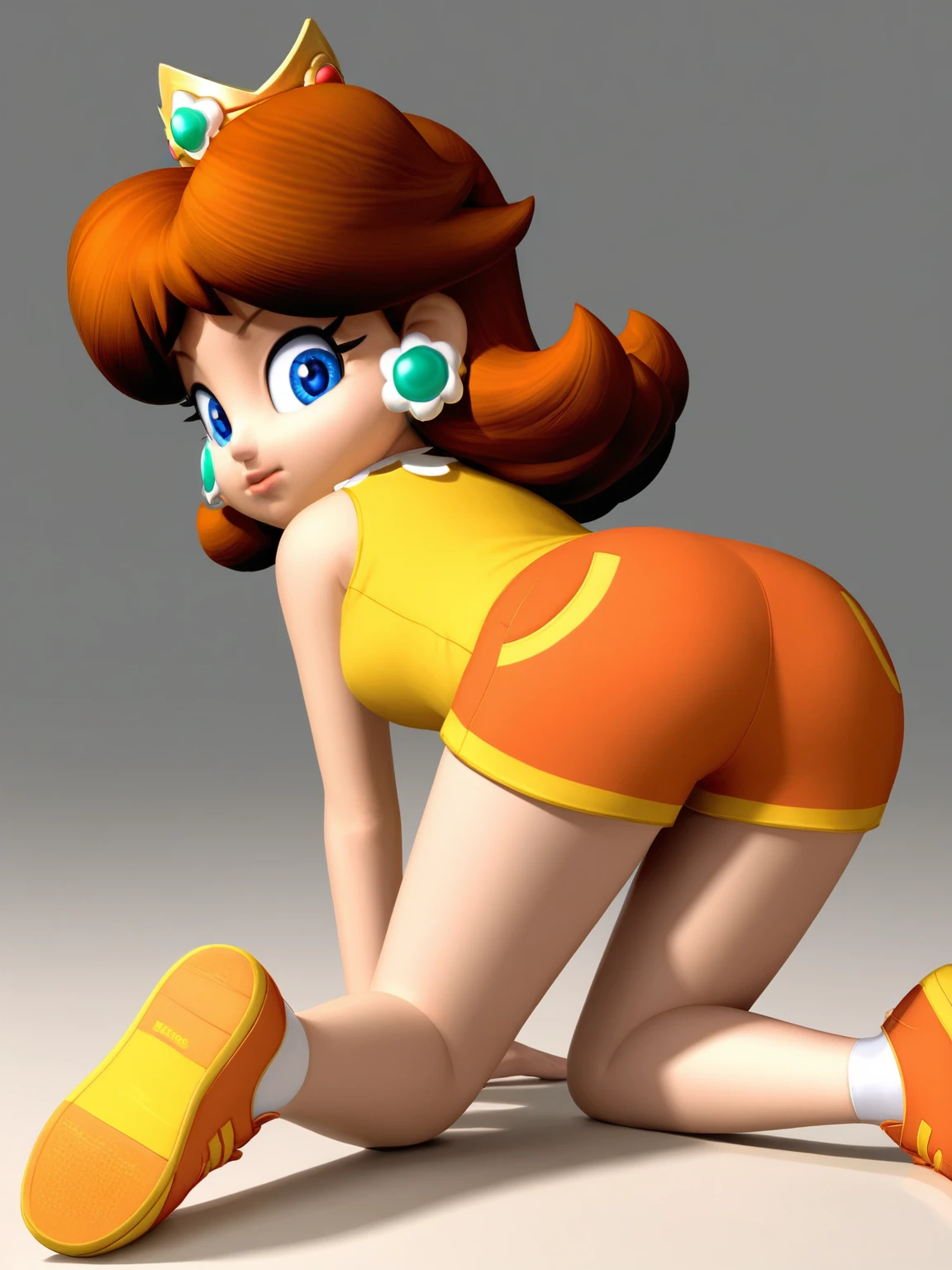 STICKER, (solid outline:1.3), (NSFW:1.2), A detailed illustration of a vivid Sexy Princess Daisy from Mario kneeling down legs together hands behind her body, looking up at the camera, sticking out her long tongue, no teeth, bare breasts, yellow thong, Solo Female, medium breasts, small golden crown, erect nipples, Full length View, shoes visible, zoom out, pov angle, centre model, vintage t-shirt design, in the style of hand drawing, 3D vector art, fantasy art, watercolour effect, Adobe Illustrator, hand-drawn, digital painting, low-poly, soft lighting, isometric style, retro aesthetic, focused on the character, 4K resolution, photo realistic rendering, using Cinema 4D,