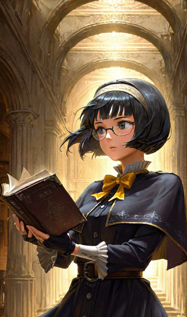 d1style, close-up, holding book, fingerless gloves, capelet, bow tie, black hair, bob cut, hairband, glasses, belt, frills, long dress, buckle,  floating hair, pose, looking away, upper body, at dungeon, marble column, arch, indoors, scenery, symbol, highres, solo, digital painting  <lora:diablo_style:0.8>