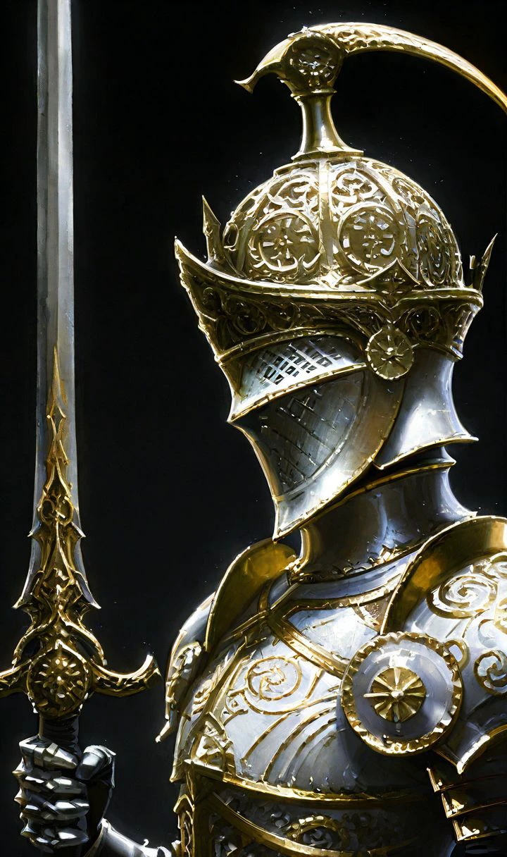 d1style, 1other, armor, ornate, gold trim, helmet, intricate design, black background, no humans, fantasy, digital painting, upper body, weapon, sword, holding sword, detailed, high contrast, glowing, light effects, fantasy art, character design, warrior, knight, medieval, fantasy armor, decorative, elaborate, majestic, regal, fantasy character  <lora:diablo_style:0.8>