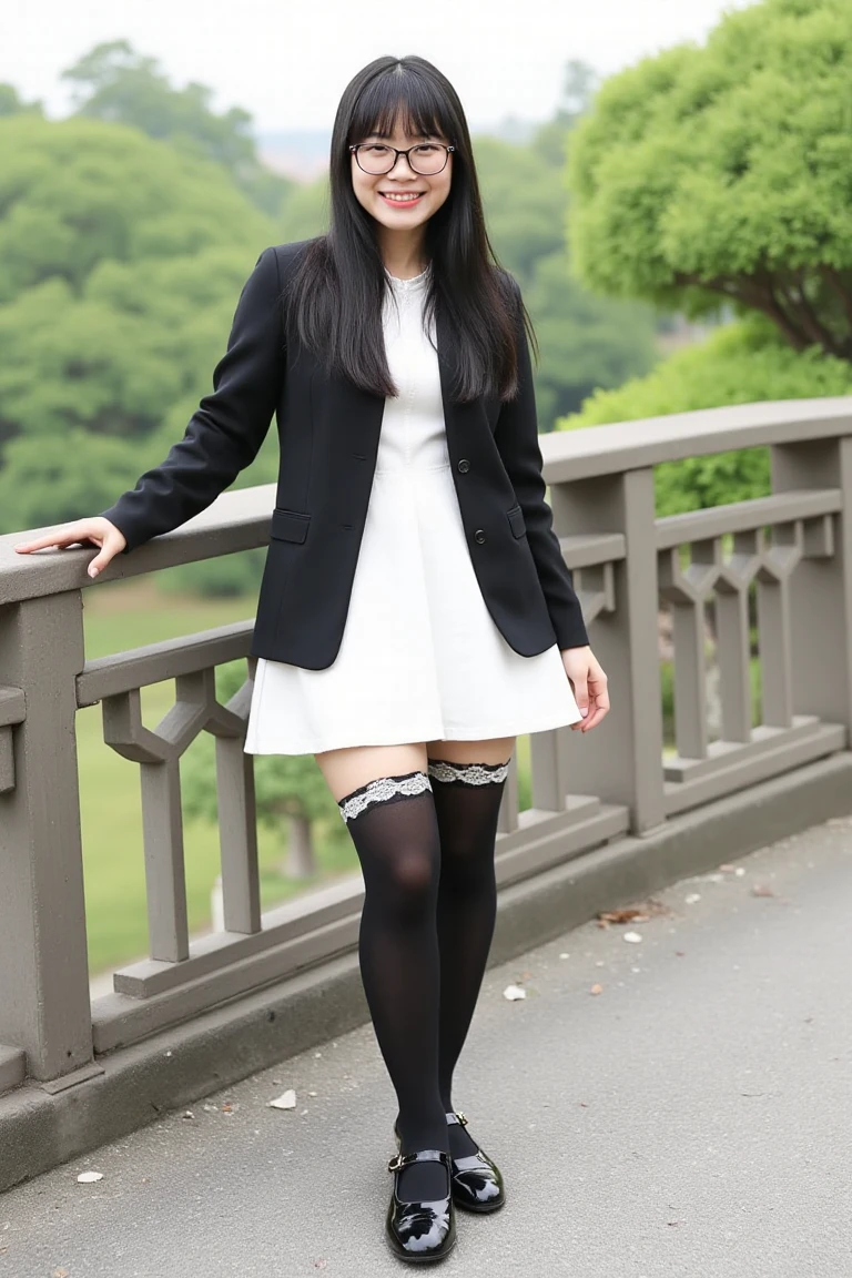 full-body portrait Photograph of a smiling 40yo Japanese woman with glasses. She has long, straight black hair. Her eyes are open, taking in the scenery. She is wearing an open black jacket over a white dress, black thigh-highs with lace and black patent Mary Jane shoes with round toe, wide strap and low heel. She is leaning against the railing of a bridge in a Japanese Garden. <lora:MaryJaneMerge_ties:1>