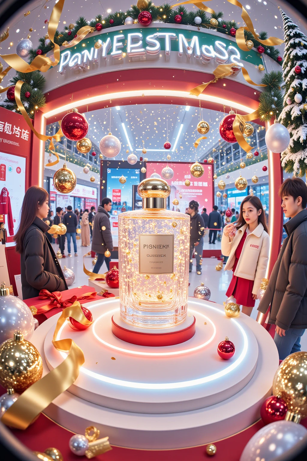 fisheye lens, A high-resolution fisheye lens photograph capturing a perfume bottle elegantly displayed at a bustling mall kiosk. The image features the vibrant energy of holiday shoppers moving in a blur around the stand, their movement contrasting with the stillness of the perfume bottle. The bottle, with its sleek and luxurious design, stands out against a backdrop of shimmering decorations and bright, festive lights that line the mall's interior. The customers, a mix of individuals and groups, are engaged in their holiday shopping, adding a sense of lively chaos to the scene. The fisheye lens enhances the dynamics of the space, making the kiosk and its focal point, the perfume bottle, appear as the center of the retail universe.