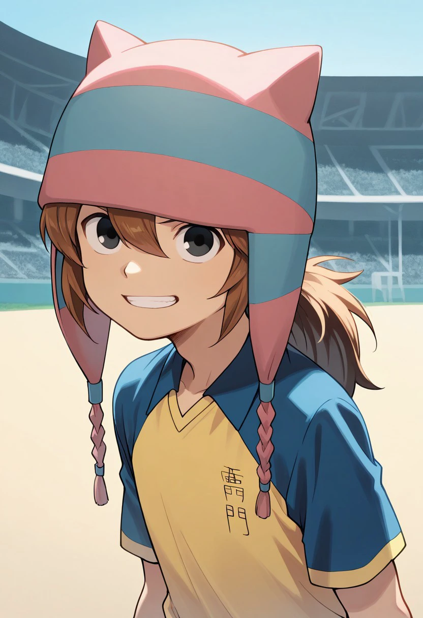 masterpiece, best quality, 
matsuno, 1boy, male focus, solo, brown hair, ponytail, black eyes, hat, animal hat, sportwear, raimon, soccer uniform, raimon soccer uniform, shirt, raglan sleeves, multicolored shirt, blue shirt, yellow shirt, short sleeves, smile, grin,
outdoor,