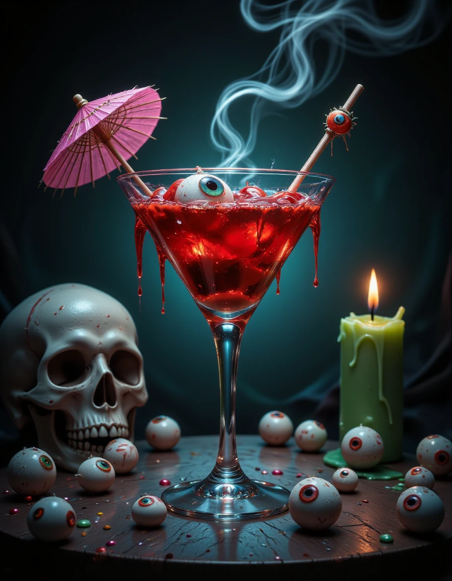 A large stemmed cocktail glass filled with a bright red liquid and topped with dripping slime, a decorative eyeball on a straw, and a small pink paper parasol. A skull sits on the table to the left of the glass, and a green, melting candle is positioned to the right. Several smaller skulls and loose eyeballs are scattered on the tabletop around the base of the glass and candle. Dark, swirling smoke emanates from the drink and the candle. The background is a dark teal, and the scene is dramatically lit. The overall style is creepy, Halloween-themed, and slightly cartoonish.  
 <lora:flux_enchanter_v1:0.75>