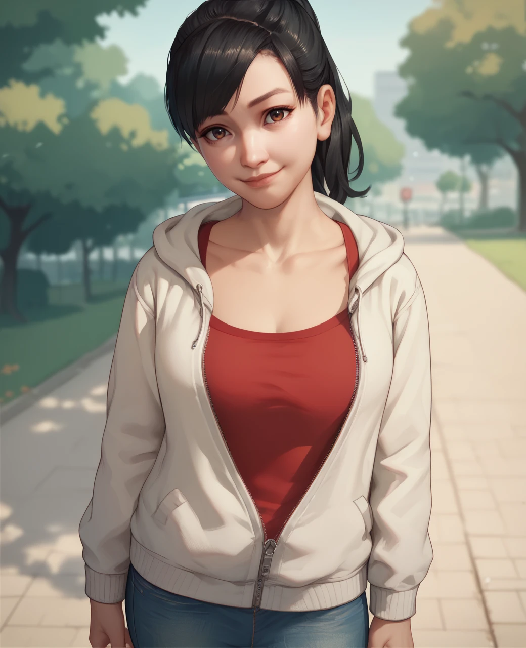 score_9,score_8_up,score_7_up,score_6_up,
harukacasxl,brown eyes,black hair,ponytail,
red shirt,white sweater jacket,collarbone,looking at viewer,jean skirt,zipper pull tab,
standing,light smile,
outdoors,park,<lora:harukacasxl:0.9>,