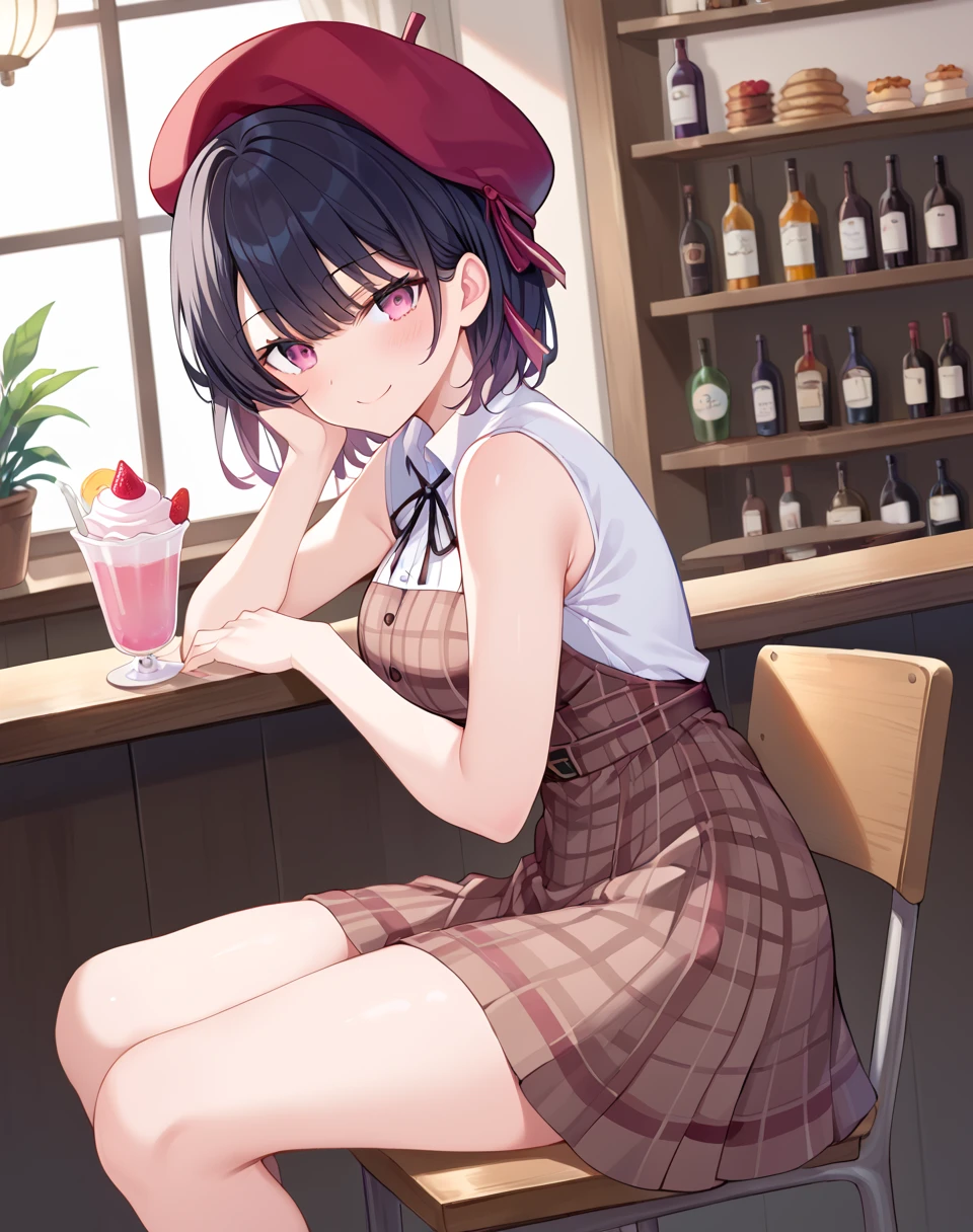 satou_koharu, black hair, short hair, pink eyes,  breasts, sleeveless, plaid dress, date clothes, red beret, plaid sleeveless dress, dress over shirt, white short sleeves shirt,  BREAK indoors, cafe, bar, short cake BREAK looking at viewer, sexy face, sexy smile, side view, sitted on chair BREAK score_9, score_8_up, score_7_up, source_anime ,zPDXL, perfect hand, <lora:Satou_Koharu:0.8>