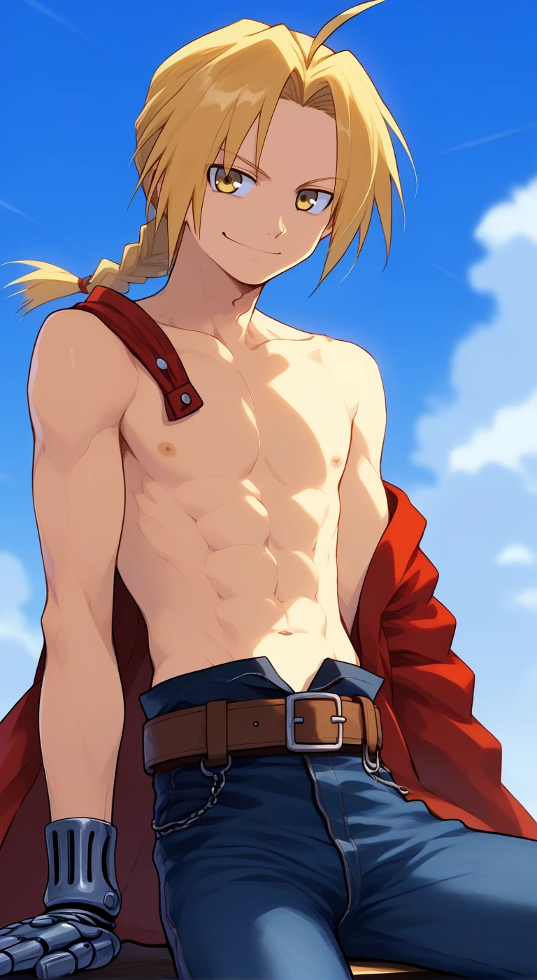 1boy,solo,male focus,lighter,edward elric,blonde hair,yellow eyes,long hair,ahoge,braided ponytail,single mechanical arm,topless male,belt,jeans,smile,sky blue,smile,toned male,collarbone,naughty face,akimix15,red coat