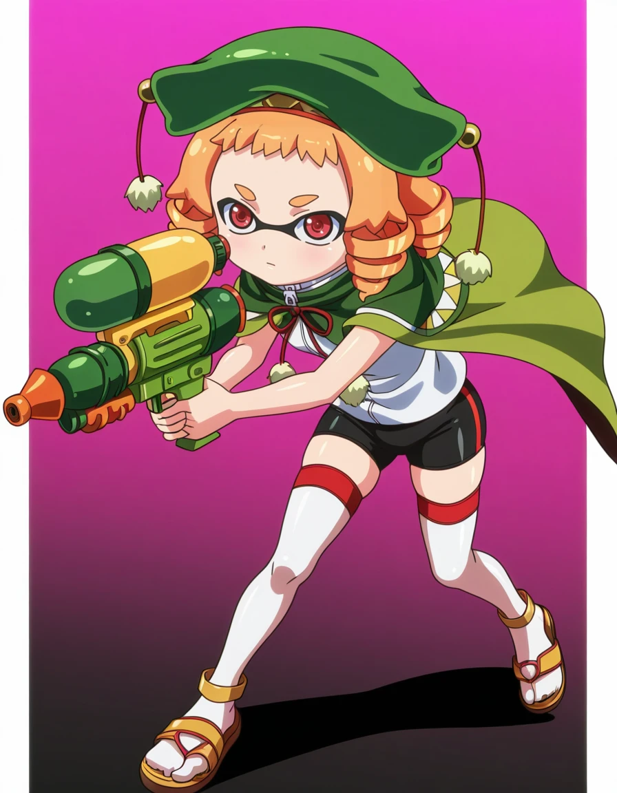 masterpiece, best_quality, absurdres,    <lora:ruu_ruu_il:1> ruu_ruu, drill_hair, orange_hair, red_eyes, twin_drills,  cape, hat, thighhighs, by_p0m4_p0m4, 1boy, gun, sandals, torpedo_splatoon, paint, male_focus, pillarboxed, splattershot_jr._splatoon, sports_sandals, weapon, holding_weapon, holding_gun, holding, inkling, ink, outside_border, solo, vaporwave_theme