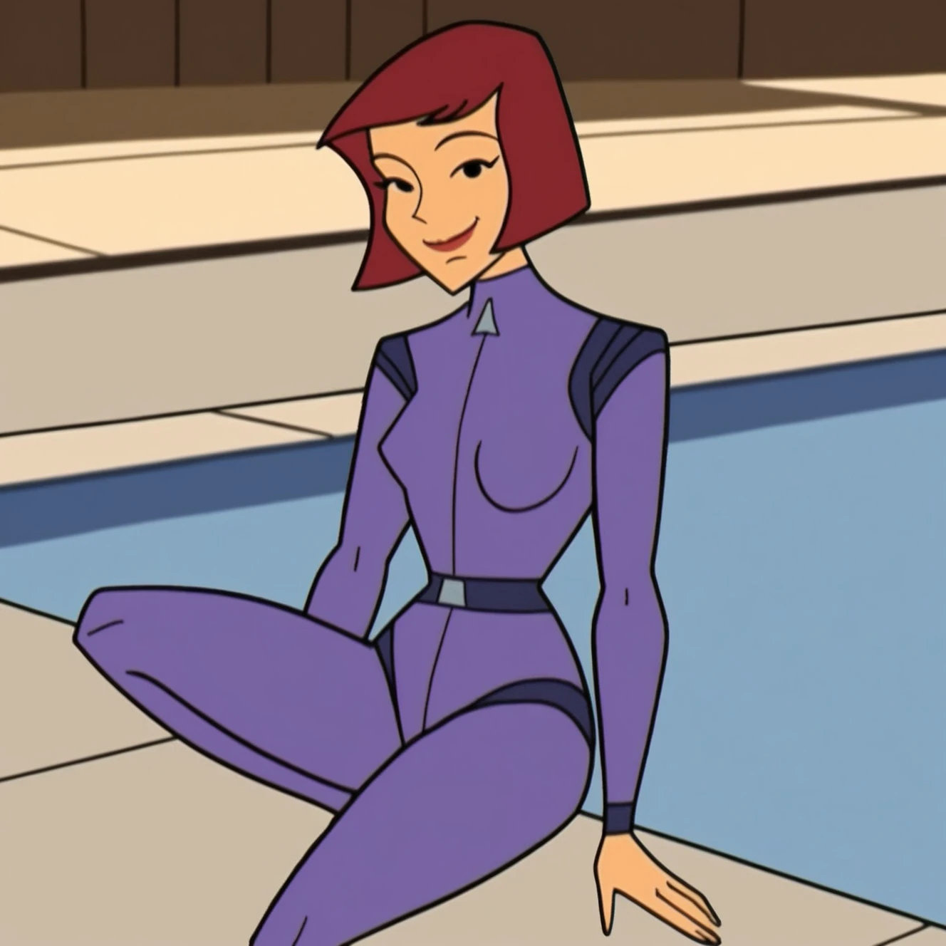 ace, 1girl, black hair, solo, white leotard, short hair, hairclip, black lipstick, long sleeves,grey boots, bob cut,club \\(shape\\) , looking at viewer,((sitting on bench, spread legs, leotard aside, pussy)),score_9, score_8_up, score_7_up, score_6_up, score_5_up, score_4_up city, cityscape,,(( seem from below, dynamic angle, crotch focus))