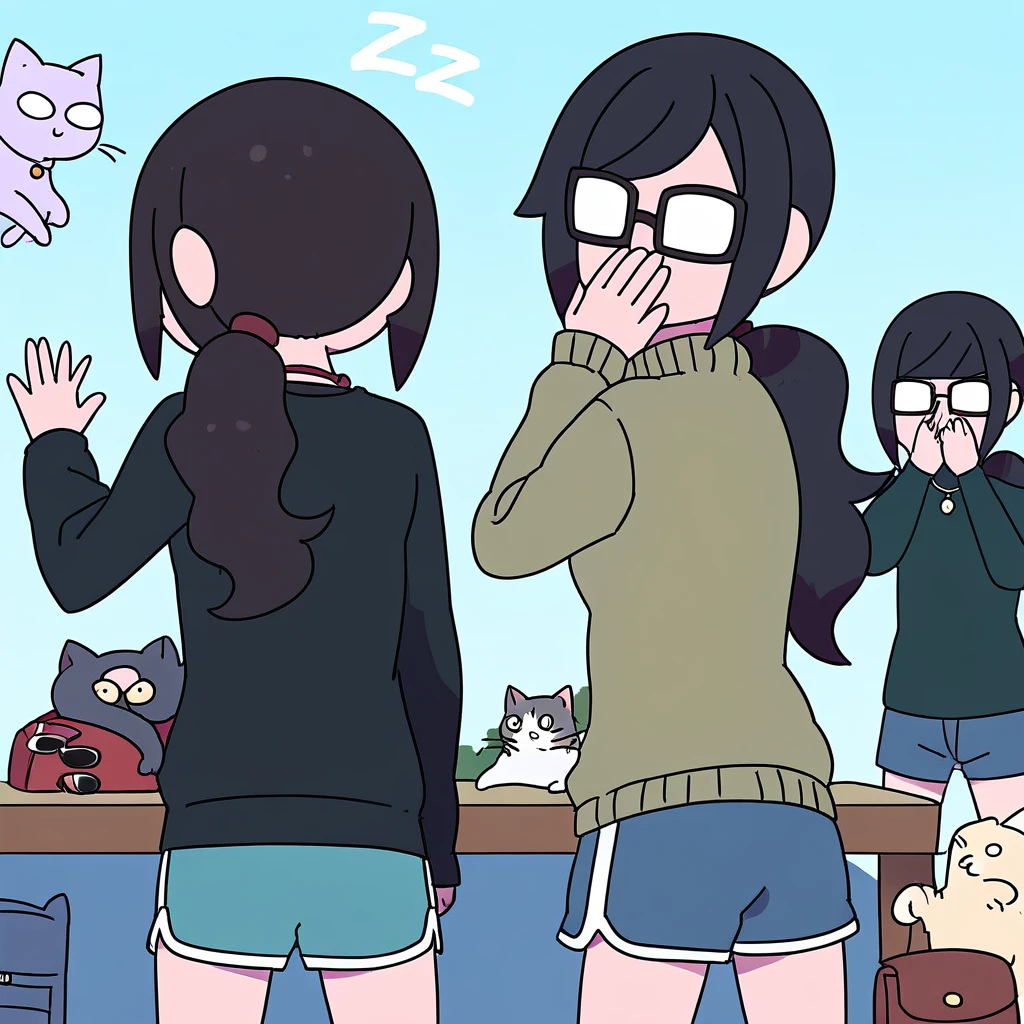 zzz, tree, bangs, fur trim, table, black-framed eyewear, colored skin, cat, Unzip the sweater, 2girls, necklace, ponytail, eyewear removed, faceless, indoors, No pupils, from behind, waving, black hair, bag, covering mouth, turn pale, blue background, futon, looking at viewer, shirt, sunglasses, shorts