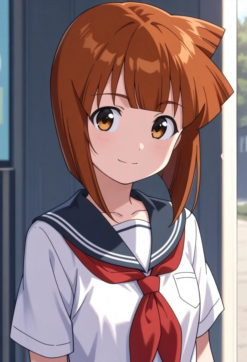 masterpiece, best quality, 
eiko, 1girl, solo, brown eyes, brown hair, short hair, bob cut, bangs, side ponytail,  school uniform, serafuku, sailor collar, shirt, white shirt, smile,
outdoor,