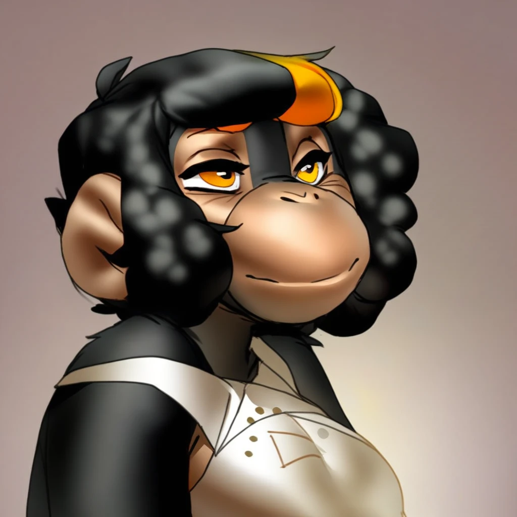 score_9, score_8_up, score_7_up, (by kittydee:1.5), (by jailbird:1.5), (by zummeng:1.5), masterpiece, best quality, (Furry Art: Anthro: chimpanzee:1.5), 1girl, expressive eyes, feminine eyes, perfect face, feminine face, primate, black fur, big ears, (black hair with pastel orange highlights:1.5), curly hair, bob cut hair, medium breasts, americana clothing,