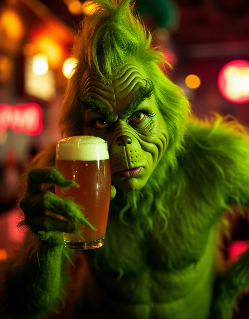 <lora:Grinch:0.9> grinch, a green furry man holds a beer in a pub