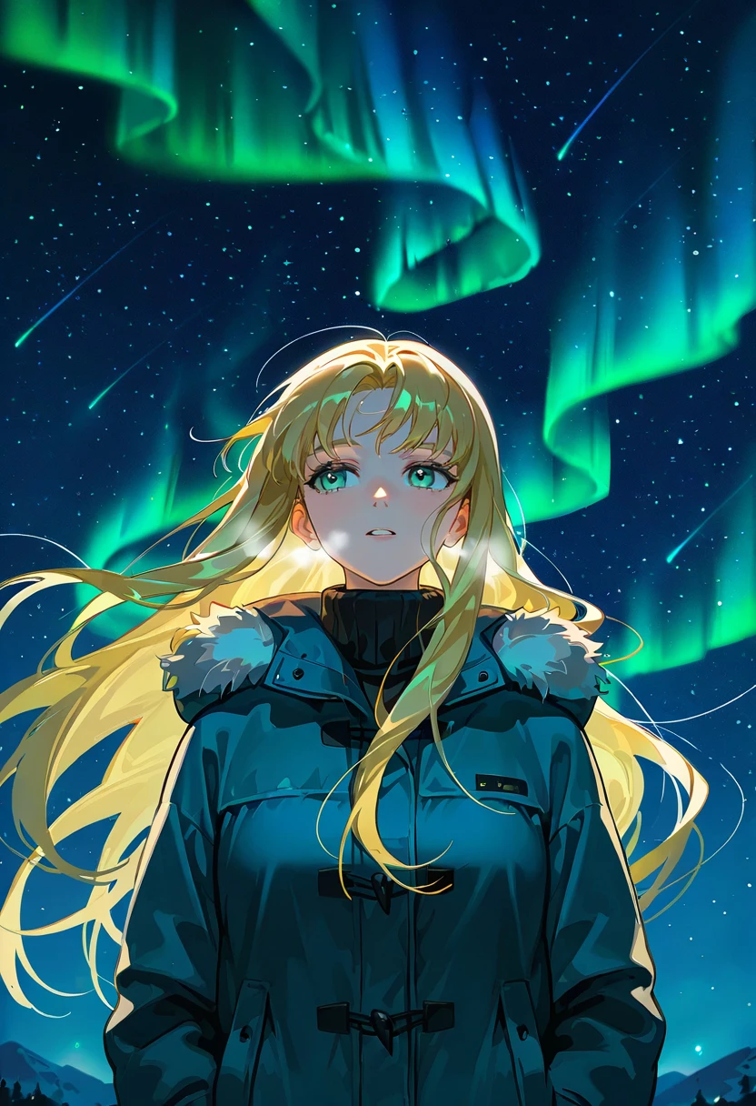 aurora borealis, aurora, starry sky, night,1girl,upper body,winter clothes,