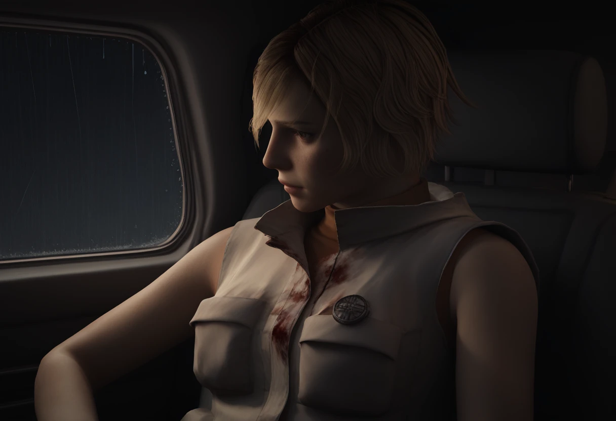 score_9, score_8_up, score_7_up, score_6_up,  BREAK ,  3d,  <lora:Heather_Silent_Hill_3:1> sh3heather, blonde hair, sleeveless, vest,  closeup, warm light, cozy, car interior, rain, blood on clothes, warm light, <lora:dark:0.7> dark,  <lora:saturation_v1:3>,  sitting in passenger's seat, raytracing, uhd, yellow light, in car, windshield, looking to the side