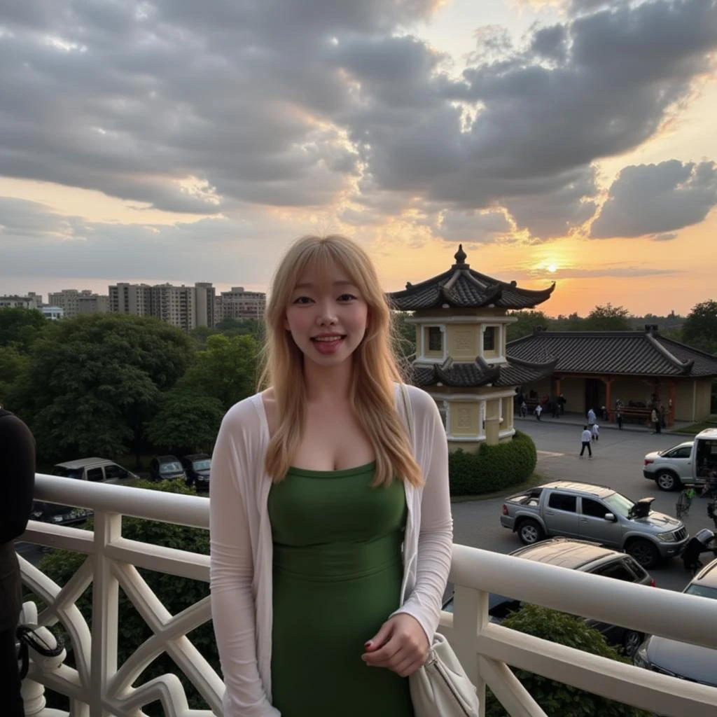 s_uaang \(person\), @s_uaang, A  woman with long blonde hair, wearing a green dress and a white cardigan, standing on a balcony at sunset. She is smiling and holding a small white bag in her right hand. The sky is filled with dark, ominous clouds, casting a warm glow over the scene. In the background, there are traditional Chinese architecture, a pagoda, and several parked cars. The overall mood is peaceful and serene.