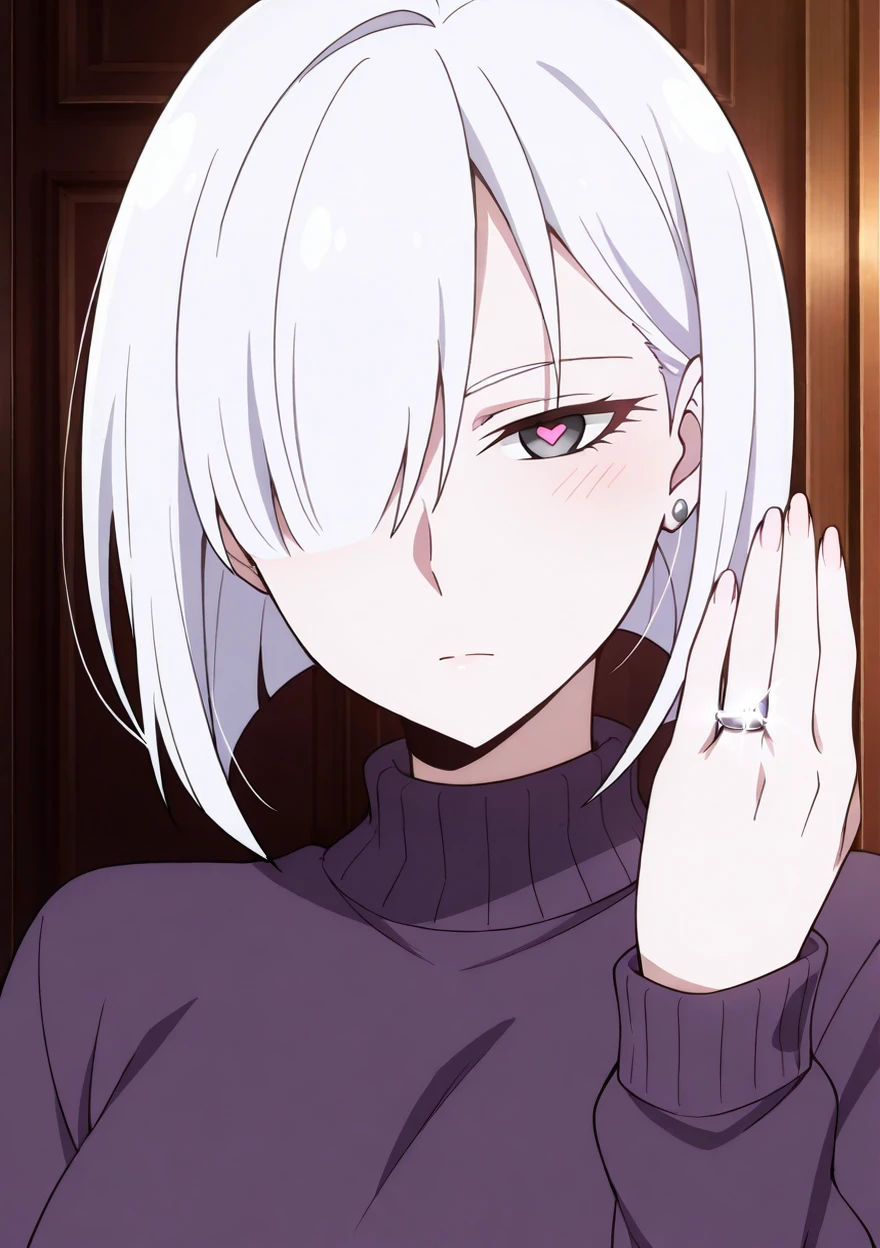 masterpiece,best quality,absurdres,highres,very aesthetic,anime,High quality,Ultra detailed,insanely detailed,beautiful,perfect lighting,anime screenshot,
1girl,solo,
<lora:spyxfamily_fionafrost_illustriousXL:1>,fionadef,
short hair,white hair,hair over one eye,grey eyes,heart-shaped pupils,
purple sweater,black pants,earrings,
expressionless,light blush,upper body,close-up,
<lora:show_wedding_ring_IL_v1:1>,kyubiwa,silver wedding ring,jewelry,hand up,