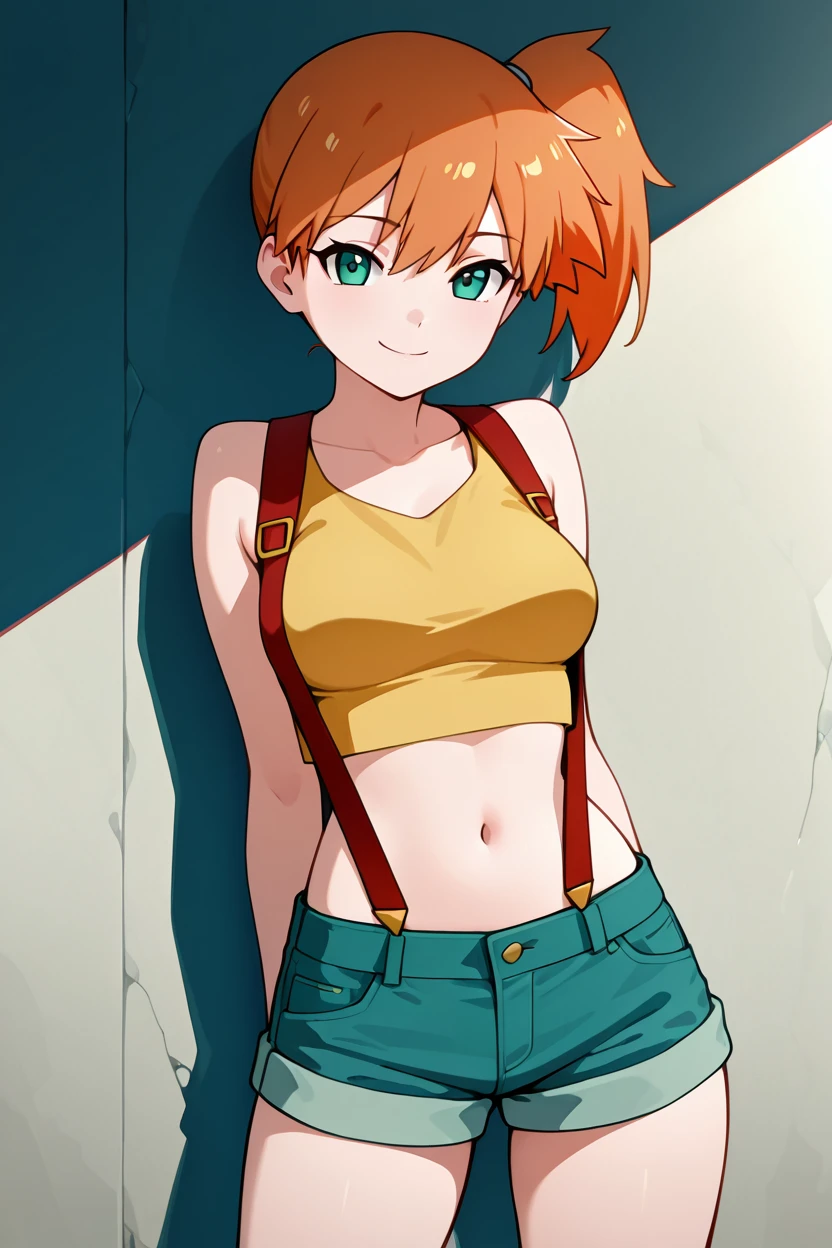 masterpiece, best quality, medium breasts,  BREAK, zzMisty, green eyes, orange hair, short hair, side ponytail, shorts, suspenders, midriff, yellow crop top, navel, denim shorts, <lora:MistyPokemonIXL:1.0>, smile, looking at viewer, cowboy shot,   <lora:ShoujoRamuneIXL:1.0>,