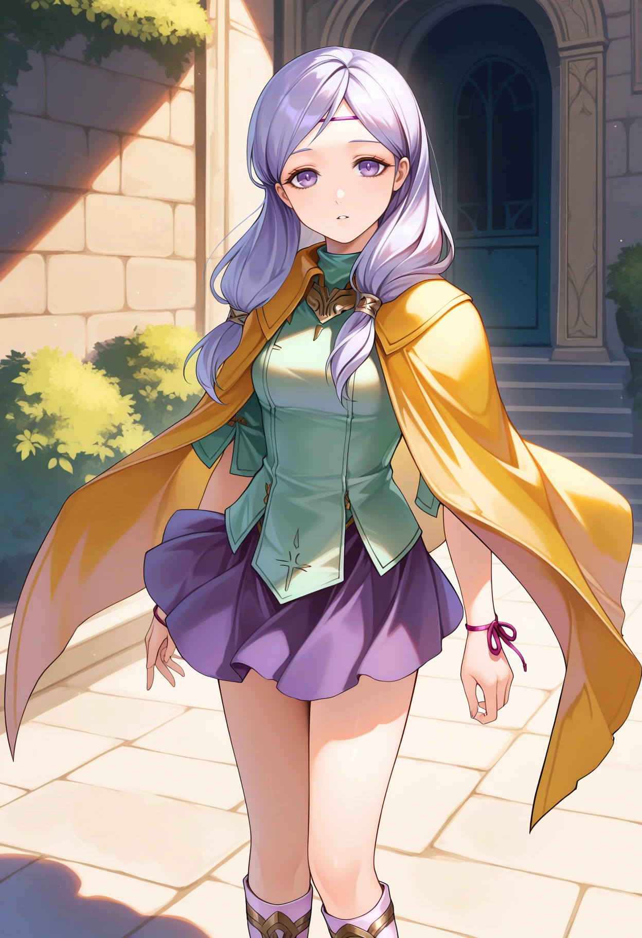 1girl, <lora:IlyanaIL:1> ilyanaRD.
a portrait of a girl. she is standing. she is outdoors.
lavender hair, lavender eyes, brown ciclet, light green blouse, yellow capelet, arm ribbon, lavender skirt, white and pink knee boots,
parted lips, looking at viewer, 
masterpiece, perfect quality, best quality, absolutely eye-catching