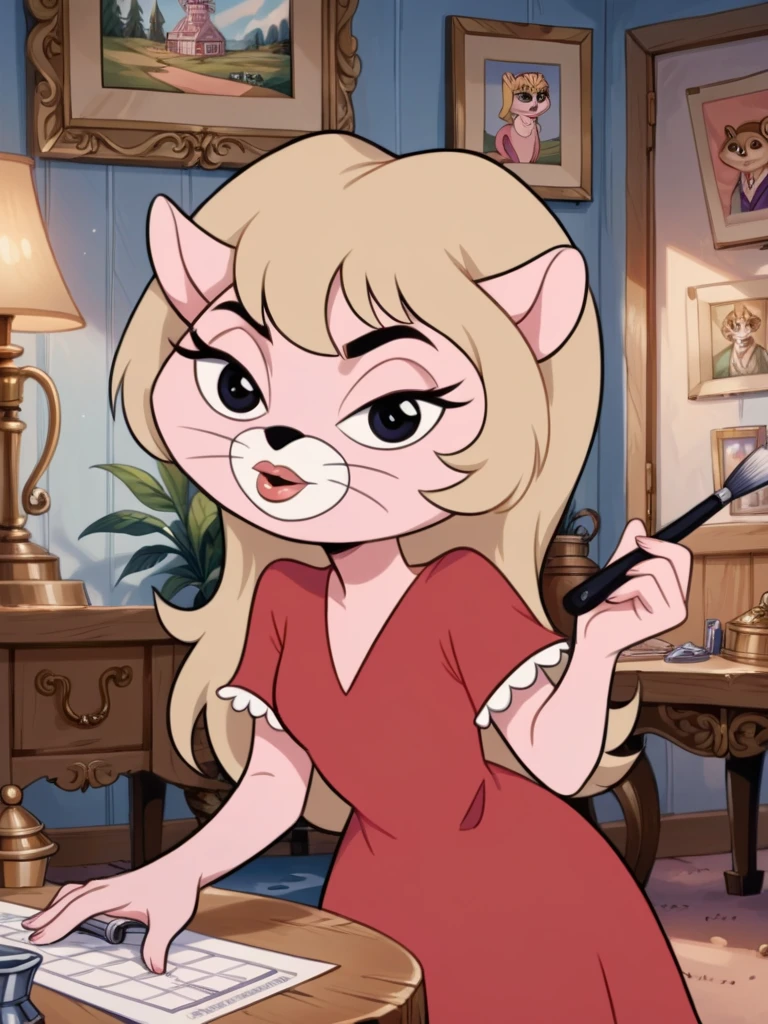 score_9, score_8_up, score_7_up, score_6_up, score_5_up, score_4_up, source_furry, Kitty_Glitter, blonde hair, long hair, pink fur, red dress, bedroom, vanity table, applying makeup, detailed face, detailed eyes, detailed background, <lora:kitty-glitter-v1:1.0>