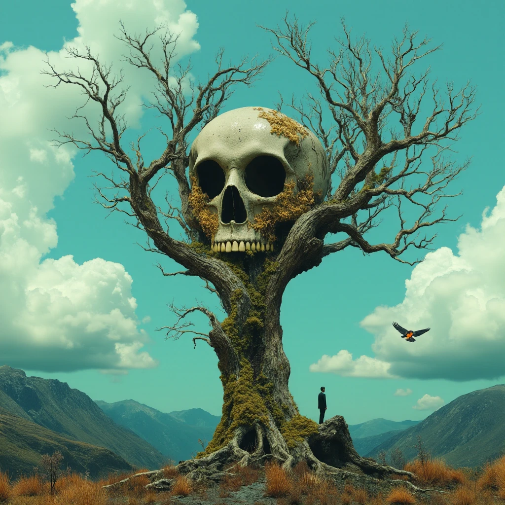 skull in a tree, cloudy sky in the background, outdoors, scenery, solo, day, bird, blue sky, cloudy sky, mountain, 1boy,
<lora:Surrealism_Style_FLUX:0.9> ff-surreal