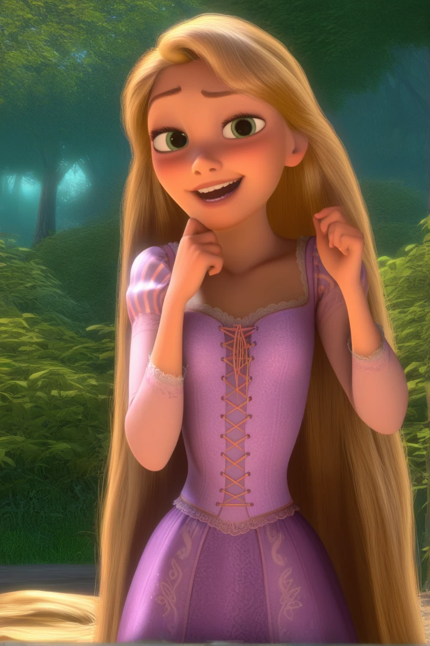 1girl, solo, newest, very long hair, blonde hair, green eyes, pov, highres, dress, hand up, smug smile, open mouth, teen, small breasts, from front, outdoors, forest, (light freckles:0.8), looking at viewer, volumetric lighting, young, cowboy shot, curvy, textured skin, (best finished, amazing quality, best quality:1.1), uncensored, (high budget, photorealistic:1.1), masterpiece, <lora:Tangled_Rapunzel (1):1>