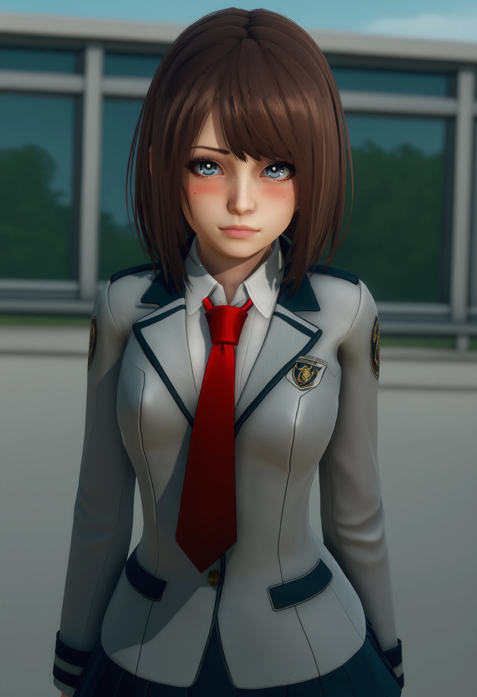 score_9, score_7_up, depth of field, sidelighting, 1girl, BREAK looking at viewer, blush, jacket, short hair, school uniform, red necktie, pleated skirt, white shirt, bangs, <lora:Annie Eternum V2.1:.9> annieet, small breasts, freckles, brown hair, blue eyes