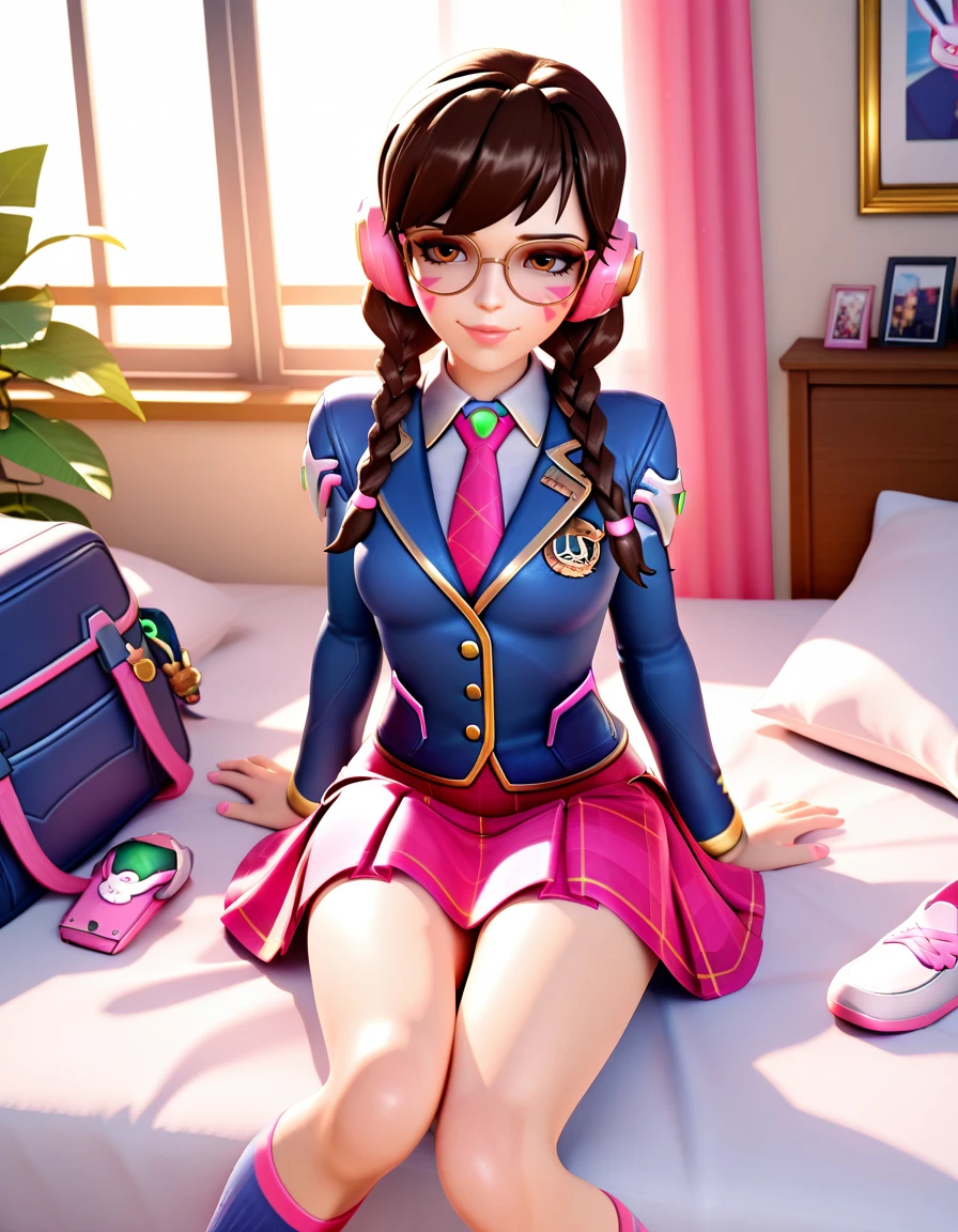 Masterpiece, high-res, 2k, best quality,   1 girl  , 3d,  d.va (overwatch), academy dva  , glasses,  <lora:dva academy illus-000040:1>  Looking over the shoulder