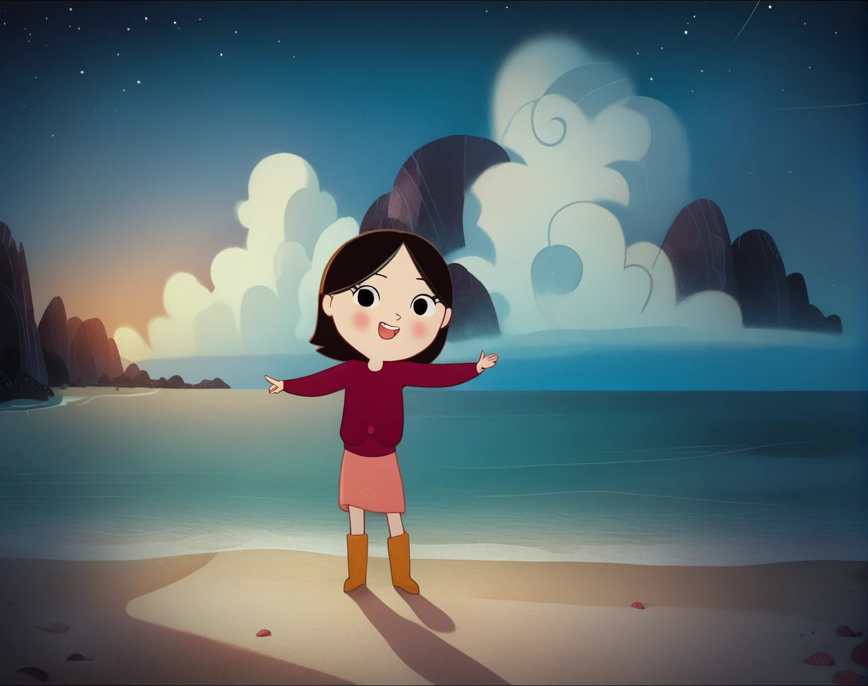 zPDXL3, source_cartoon, Perfect Hands, full body, 
1girl, solo,saoirse, black hair, blush, skirt, short hair, boots, black eyes, red shirt, long sleeves , night, beach, stars, dancing, looking at viewer, reaching at viewer, happy, magical, (detailed background:1.3), wide shot,
<lora:Perfect Hands:1><lora:Saoirse_-_The_Song_of_the_Sea:1>