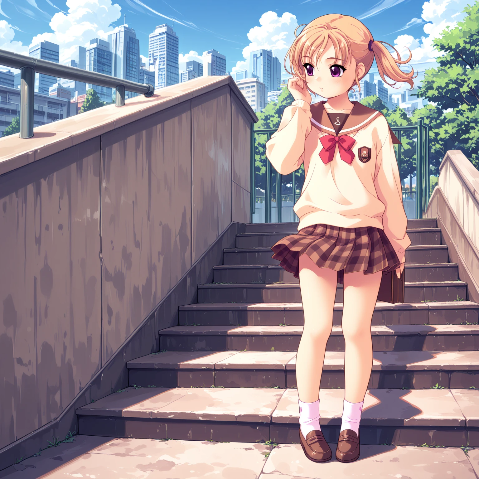 masterpiece, best quality, very aesthetic, absurdres,
1girl, solo,
anzuhatsushima, blond hair, short twintails,
school uniform, serafuku, long sleeves, brown sailor collar, sweater, bow, pleated skirt, plaid skirt, 
full body, wind lift, hand in own hair, looking to the side, 
outdoors, stairs, sky, cloud, day, skyline, wide shot, 
<lora:Hatsukoi_Anzu_sdxl-illust-v1:1>