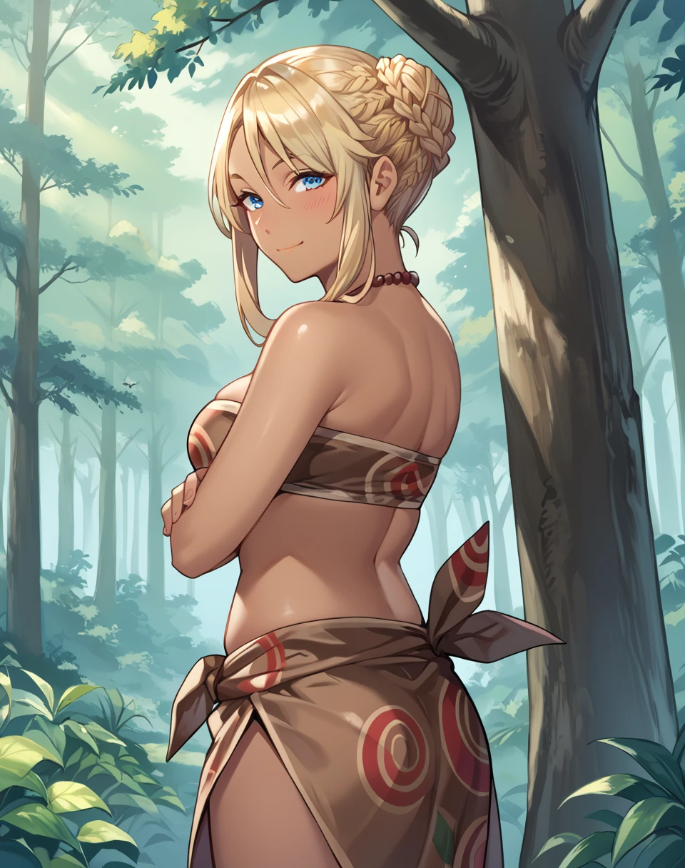 ai_fa, blonde hair, blue eyes, medium breasts, dark-skinned female, long hair, tied hair, hair bun, sidelocks, tribe clothes, brown tribe top, strapless, brown tribe sarong BREAK  outdoors, forest, BREAK neutral face, shy  smile, blush, looking at viewer, back against a tree, from side, crossed arms BREAK score_9, score_8_up, score_7_up, source_anime ,zPDXL, <lora:Ai_Fa:0.8>