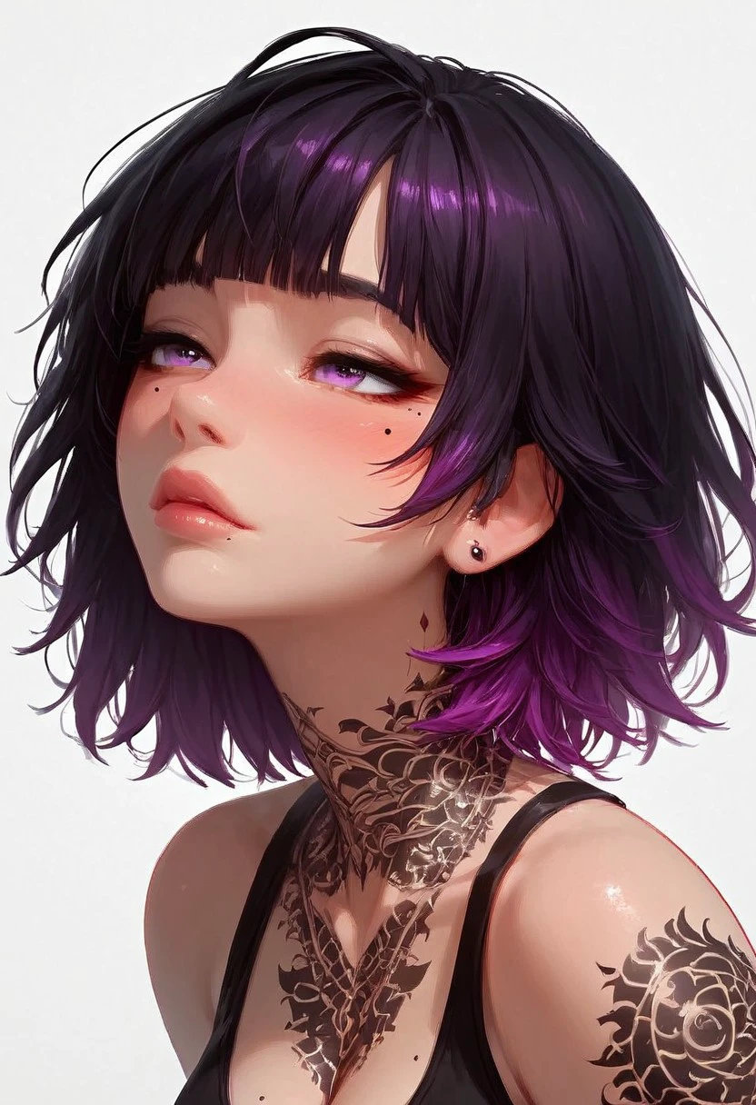 (score_9, score_8_up, score_7_up), <lora:wolf_cut:1.5>, a close-up shot focusing on a girl collarbone and up, (((portrait shot, face focus))), solo, 1girl, wolfCut, (bangs), (two-toned hair), black and purple hair,  small perky breasts, cleavage, pretty face, blush, purple eyes, ((mole under left eye)), (modern tattoos),((tattoo on chest)),pale skin, makeup, sports bra, vivid colours, Expressiveh, (white background)