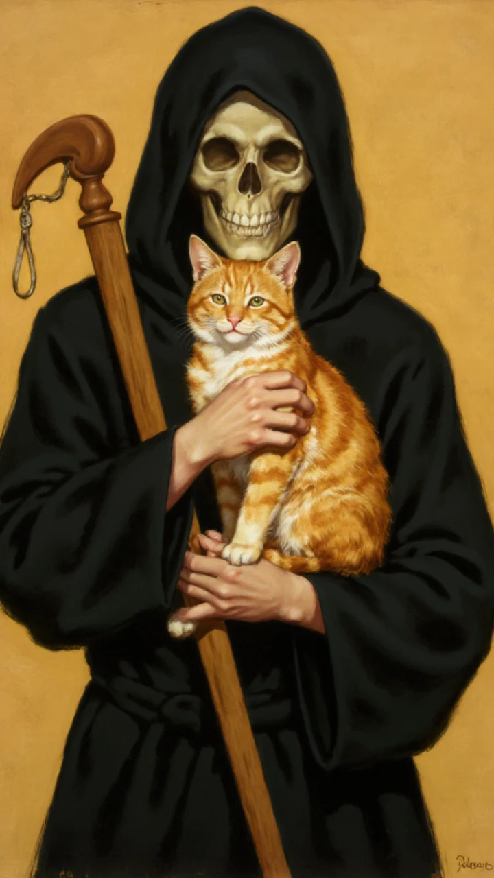 al brule. The image is a vintage-style illustration rendered in a classic style of a shrouded Grim Reaper holding a fluffy cute cat <lora:Al_Brule_-_FLUX:1>