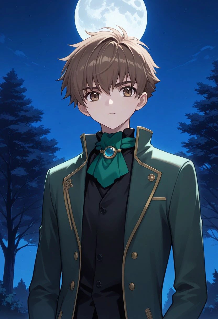 masterpiece, best quality, 
shaoran, 1boy, male focus, solo, brown eyes, brown hair, short hair, shirt, black shirt, ascot, green ascot, jacket, green jacket, long sleeves
outdoor, sky, night, moon, tree,